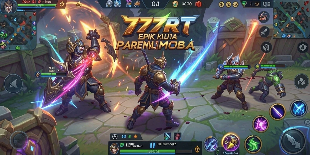Tampilan aksi seru di arena pertempuran 777RT dalam gameplay MOBA.