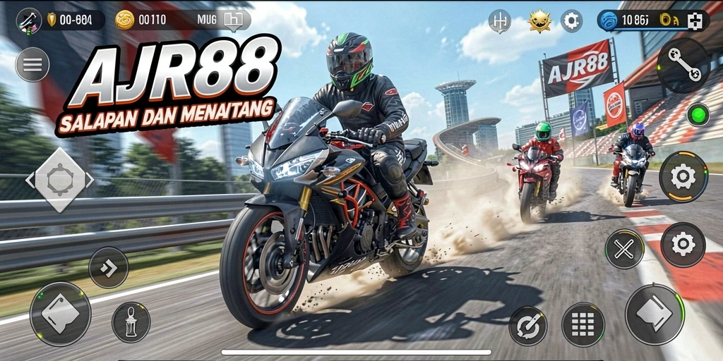 Screenshot utama menampilkan aksi balap motor yang mendebarkan.