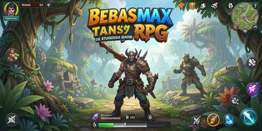 Screenshot gameplay BEBASMAX menampilkan pertempuran epik karakter RPG.