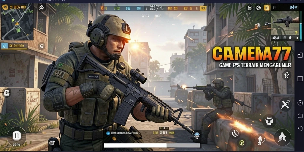 Screenshot menunjukkan pertempuran intens dalam game FPS.