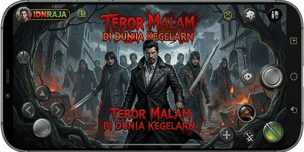 Tangkapan layar menampilkan suasana gelap dan mencekam dari gameplay IDNRAJA.