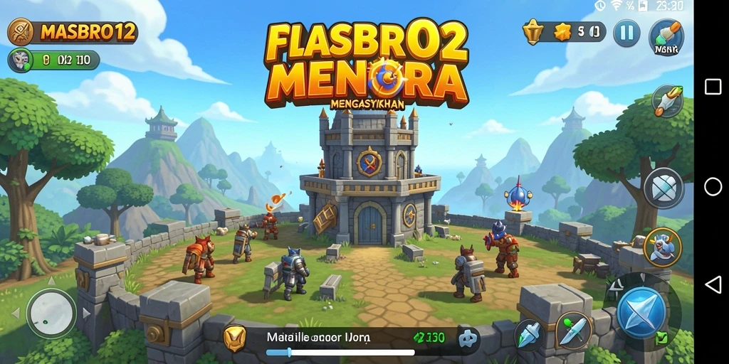 Tampilan gameplay seru di MASBRO12 dengan menara aktif melawan musuh.