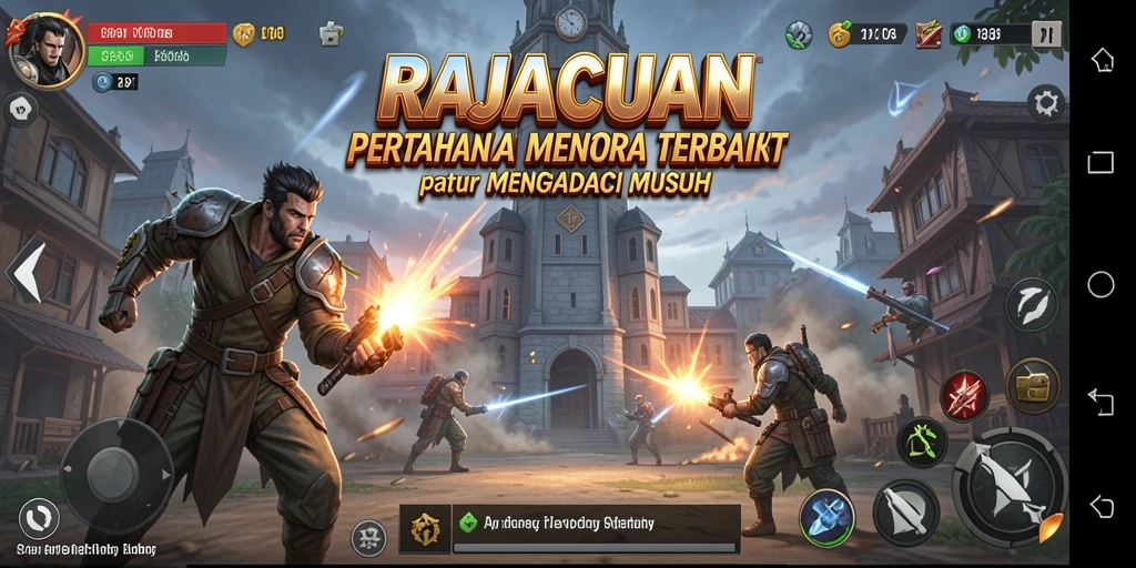 Tampilan gameplay menegangkan di RAJACUAN dengan menara dan musuh.