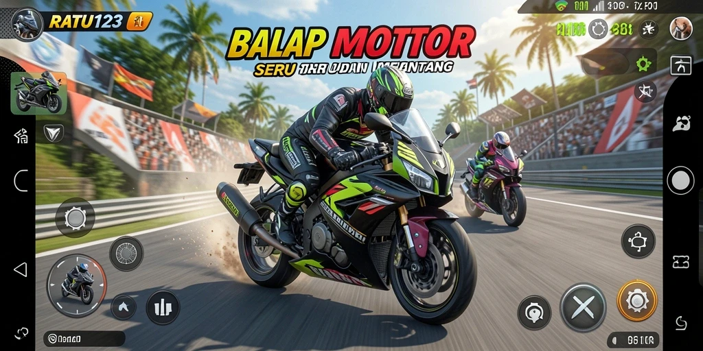 Gameplay balap motor yang intens dan mendebarkan.