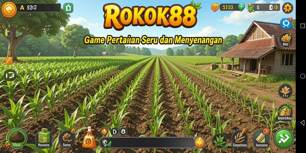 Tampilan screenshot ROKOK88 menunjukkan aktivitas bertani yang penuh warna dan interaktif.