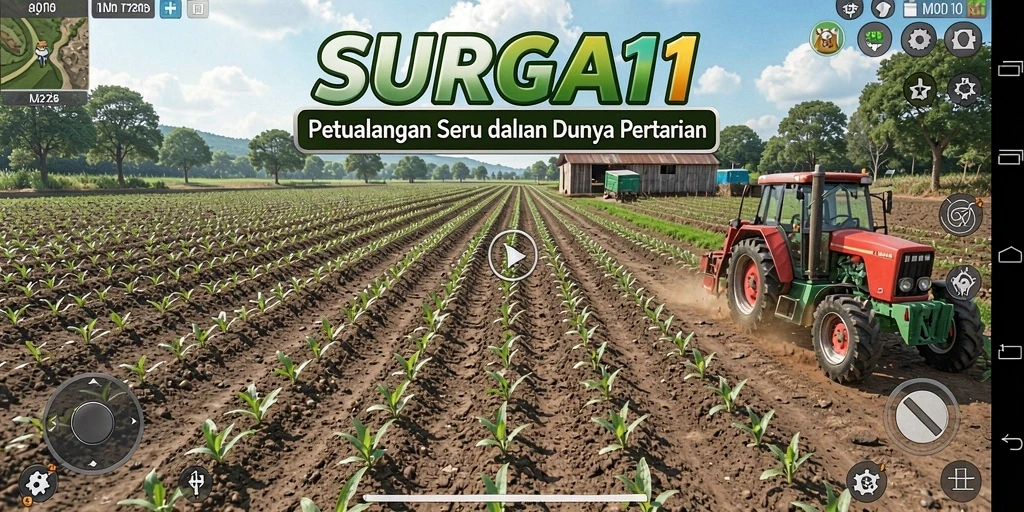Tangkapan layar dari gameplay SURGA11 yang menunjukkan kebun yang subur dan hewan ternak.