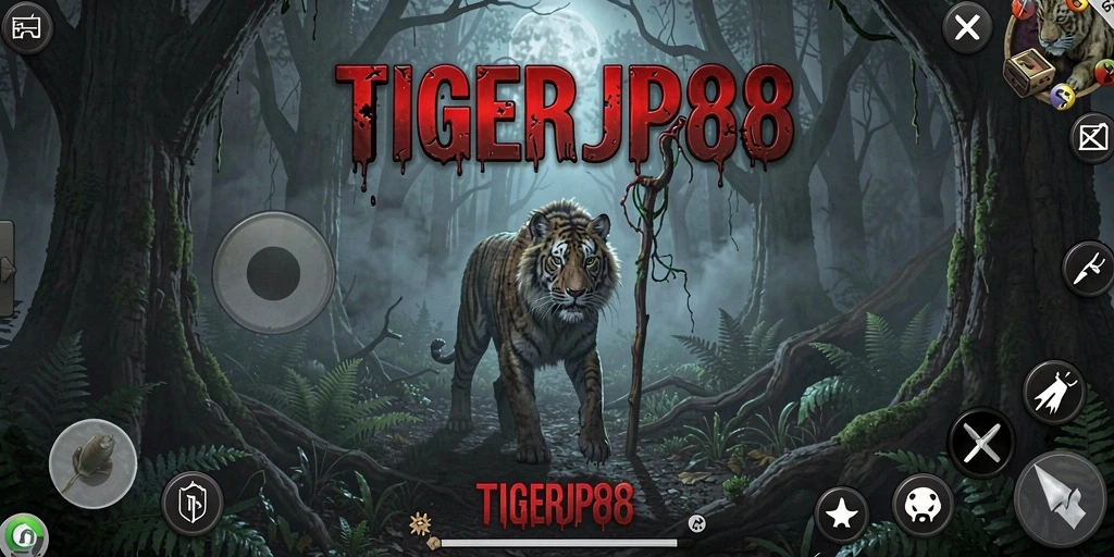 Tampilan gameplay menakutkan di <strong>TIGERJP88</strong> dengan suasana hutan yang mencekam.