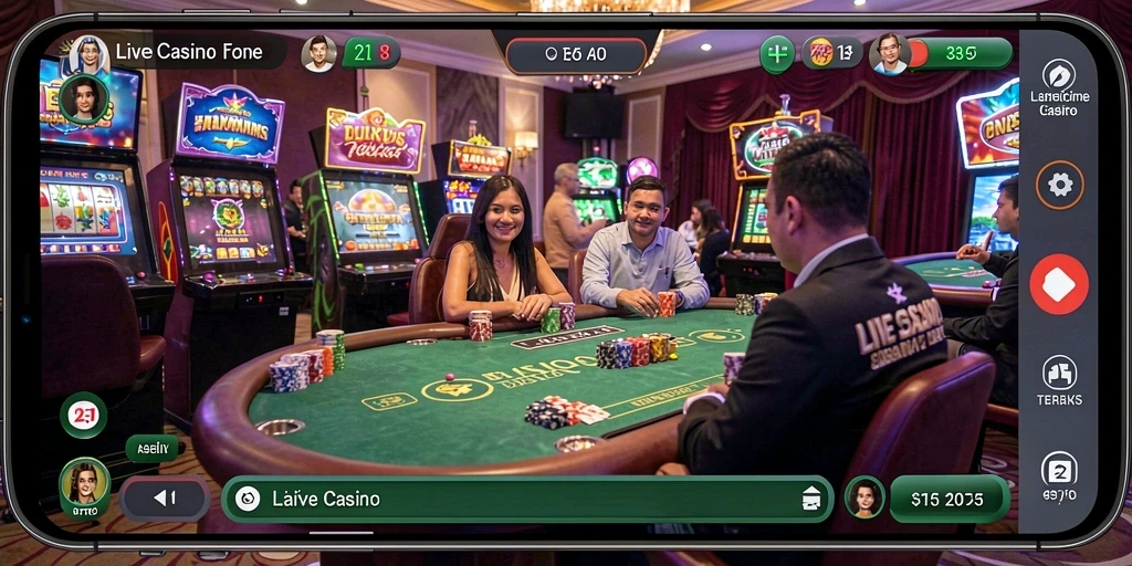 Screenshot gameplay V21 dengan dealer langsung dan suasana kasino.